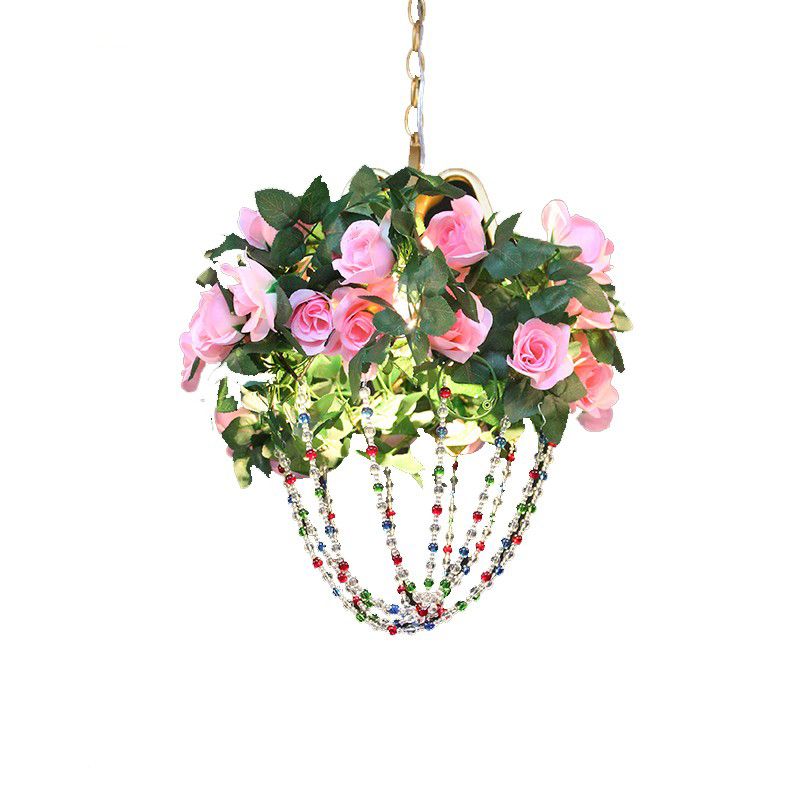 Green/Pink Beaded Ceiling Lamp Vintage Crystal 1 Head Restaurant Pendant Lighting Fixture with Flower Decoration