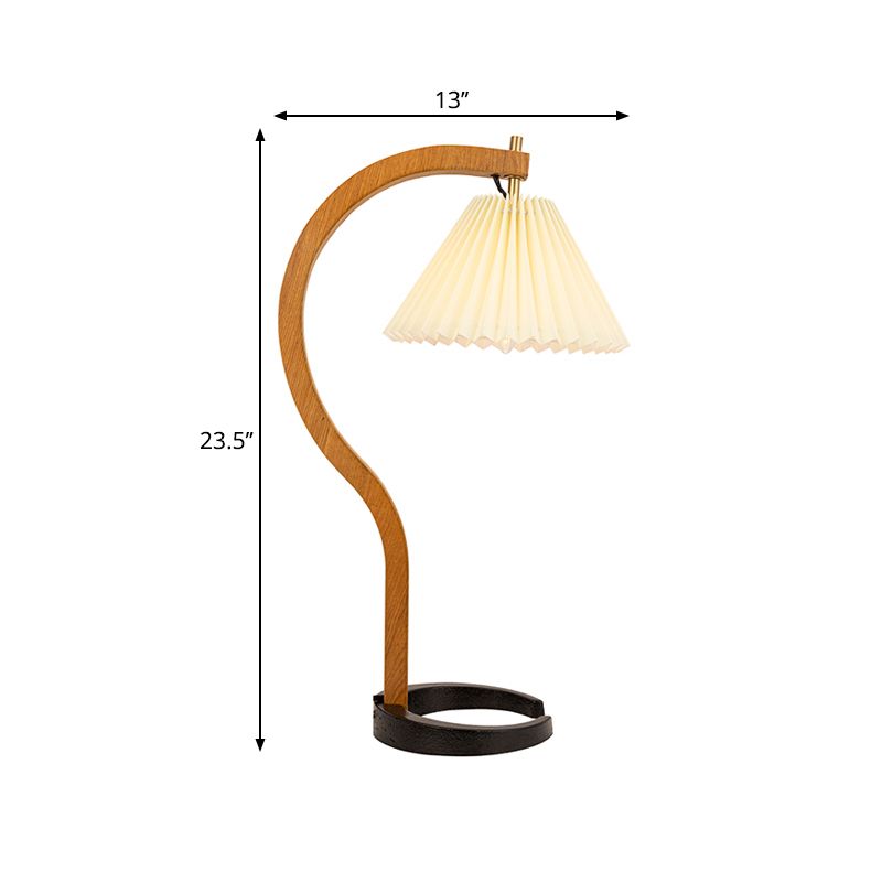 Retro Style Ribbed Conical Desk Lamp Single Light Fabric Night Table Lighting with Wood Curved Arm