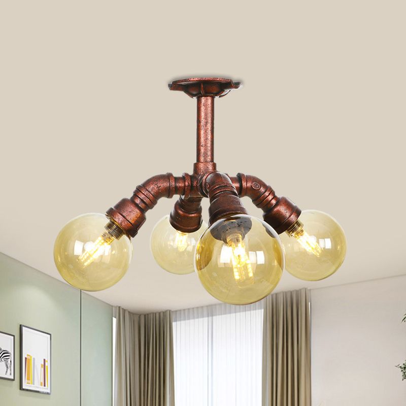 Farmhouse Global Semi Mount Lighting 4/5/6-Light Amber Glass LED Flush Lamp Fixture in Copper