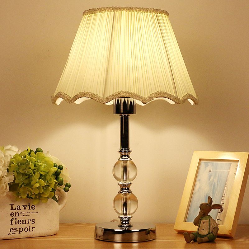 Beige Scalloped Nightstand Lamp Contemporary 1 Light Clear Crystal Ball Night Table Lighting