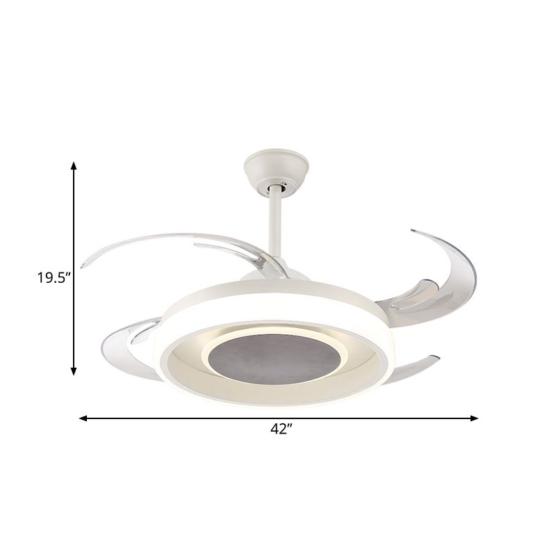 42" Wide White LED Pendant Fan Light Minimalist Acrylic Circular Semi Flush Mount Ceiling Fixture for Bedroom, 4 Clear Blades