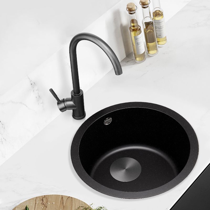 Contemporary Black Quartz Kitchen Sink Single Bowl Sink with Basket Strainer