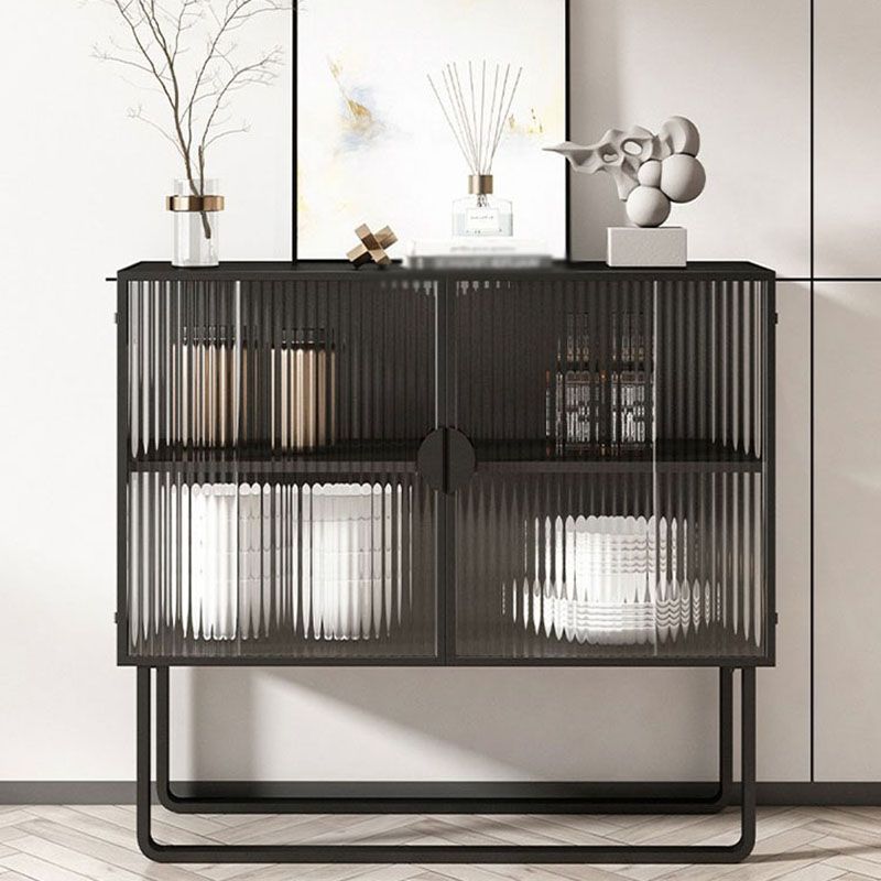 Glam Iron Credenza Striped Glass Doors 39.5"L Cabinets Dining Server for Living Room