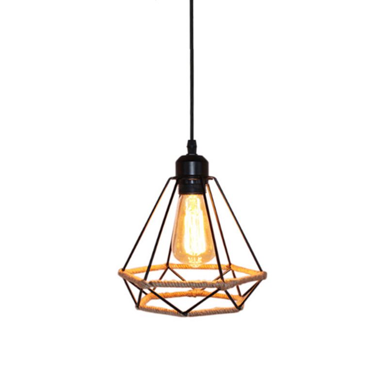 Vintage Hemp Rope Hanging Light with Iron Cage Shade Single Bulb Restaurants Suspension Lamp