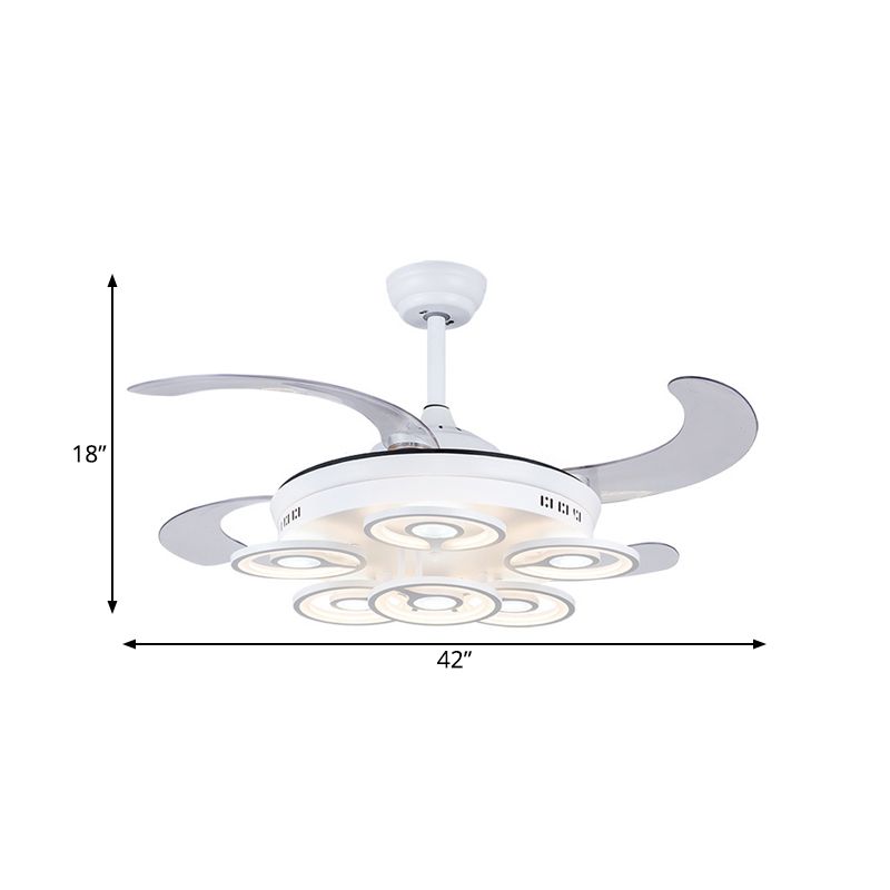 Circle Acrylic Pendant Fan Lamp Nordic LED Bedroom Semi Flush Mount Lighting in White with 4 Clear Blades, 42" Width