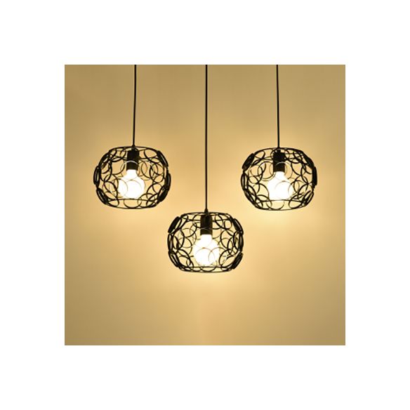 3 Bulbs Pendant Lamp Retro Drum Shade Metal Suspension Light with Wire Frame and Circles Design in Black