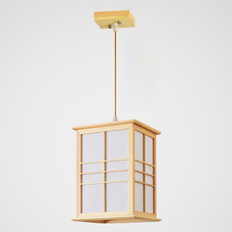 Rectangular Commercial Pendant Lighting Japanese Wooden 1-Light Restaurant Drop Lamp