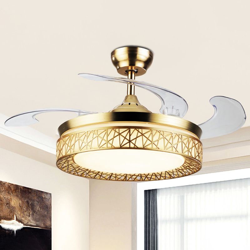 Gold Nest Shaped 4 Blades Semi-Flush Mount Simple LED Metallic Ceiling Fan Light, 19" Wide