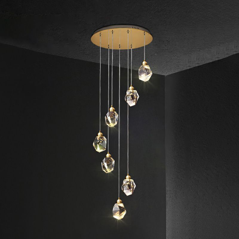 Clear Faceted Crystal Gemstone Hanging Light Minimalistic Multi Pendant Ceiling Light for Staircase