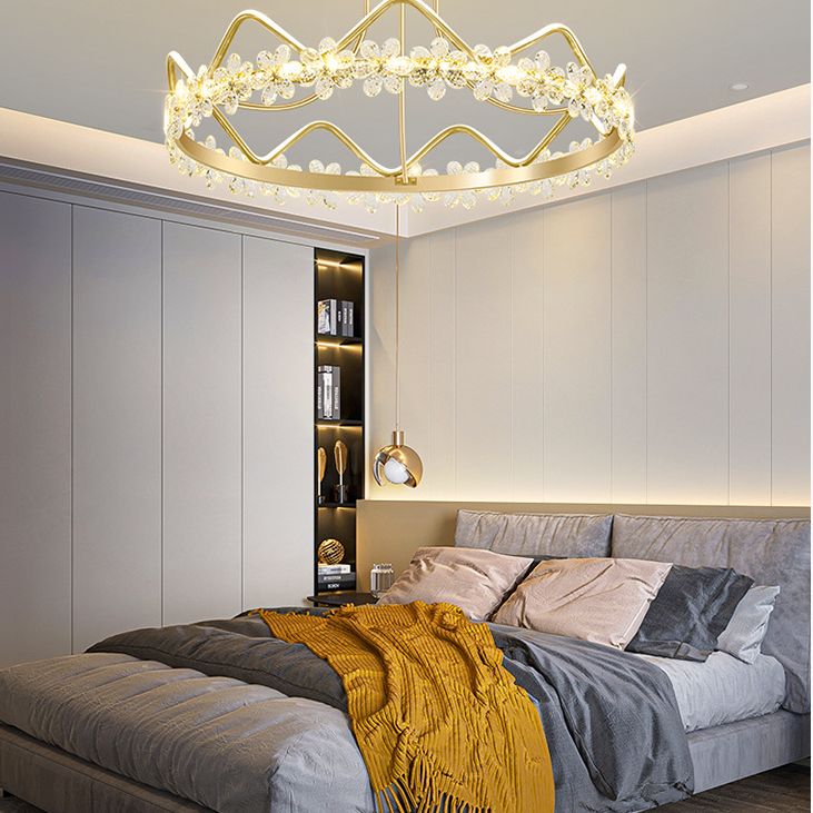 Gold Circular LED Ceiling Fixture Minimalist Flower Crystal Semi Flush Mount Light for Bedroom