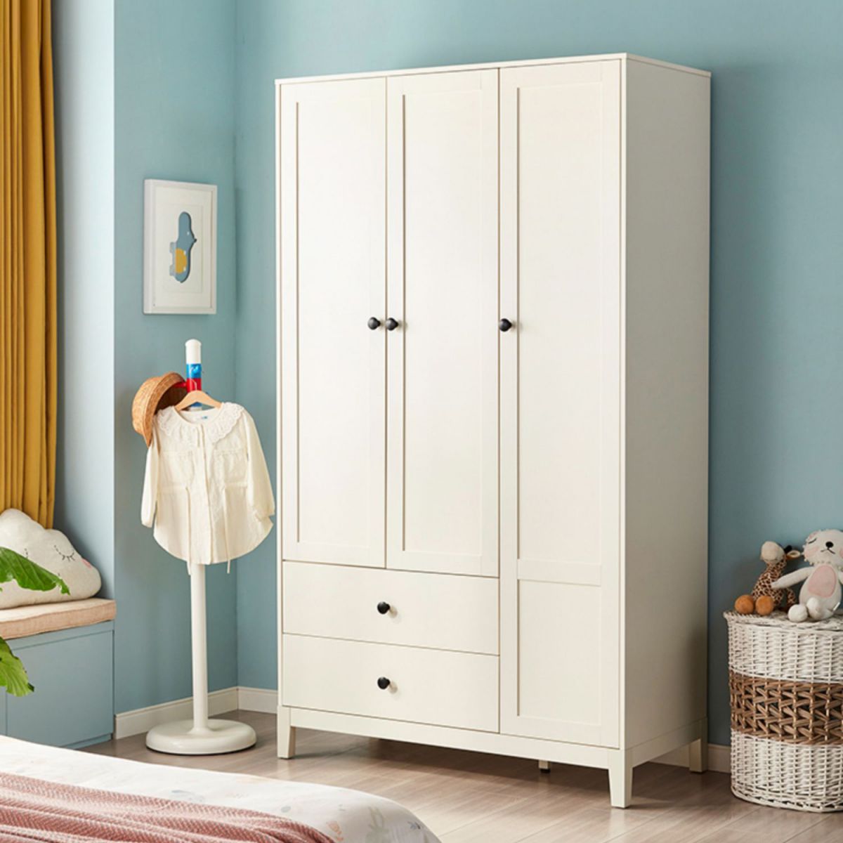 White Kid's Wardrobe Contemporary Youth Armoire With 3 Doors