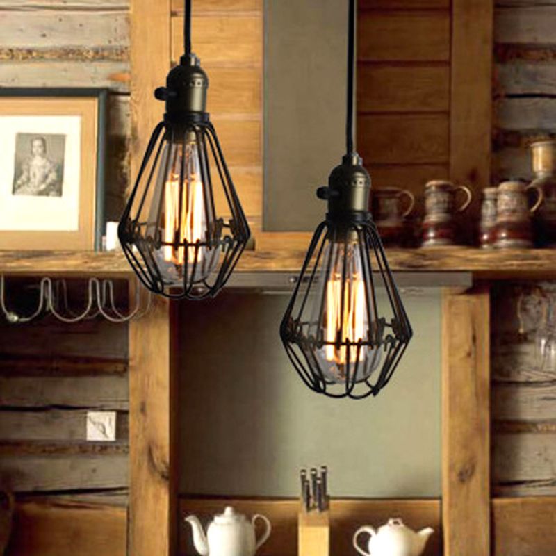 Small Cage Coffee Shop Hanging Light Fixture Antiqued Metal Black Pendant Ceiling Light