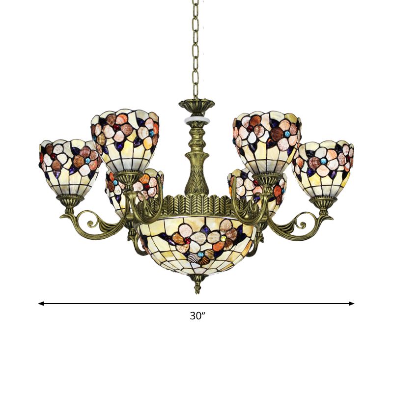 9/11 Lights Bedroom Ceiling Chandelier Tiffany Beige Flower Patterned Suspension Lamp with Bowl Shell Shade