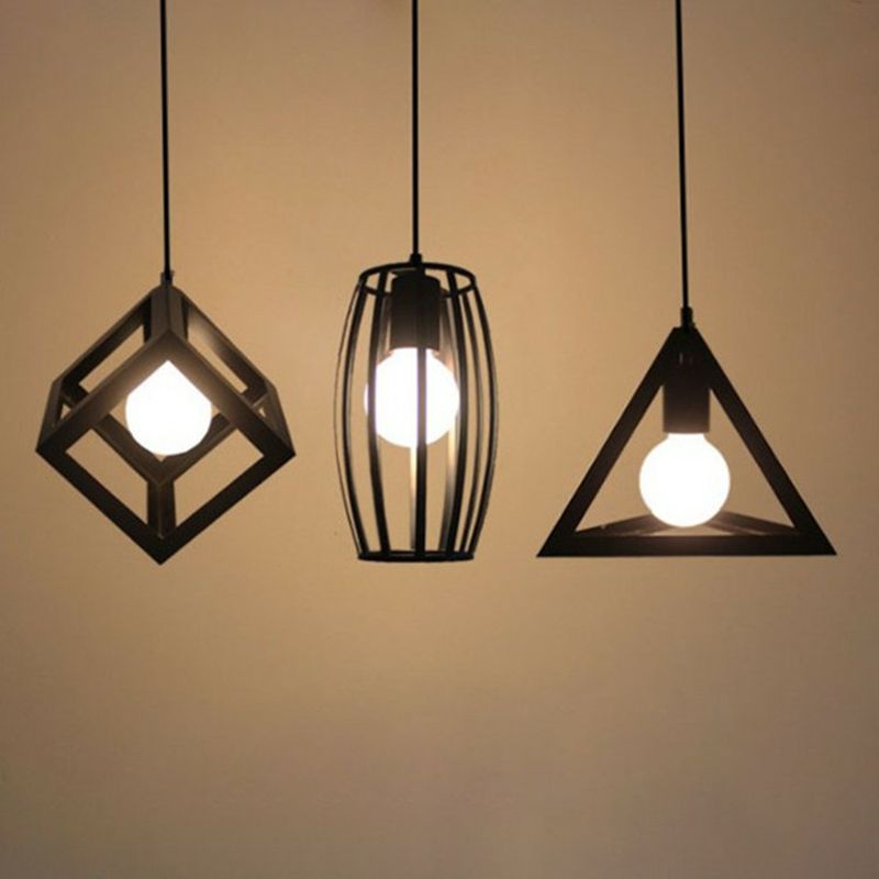 Vintage Geometric Pendant Ceiling Light Single-Bulb Metal Suspension Lamp in Black