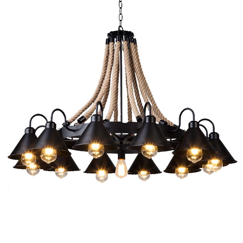 Zwarte conische schaduw kroonluchter verlichting antieke stijl ijzeren restaurant hanglamp lichter met hennep touw