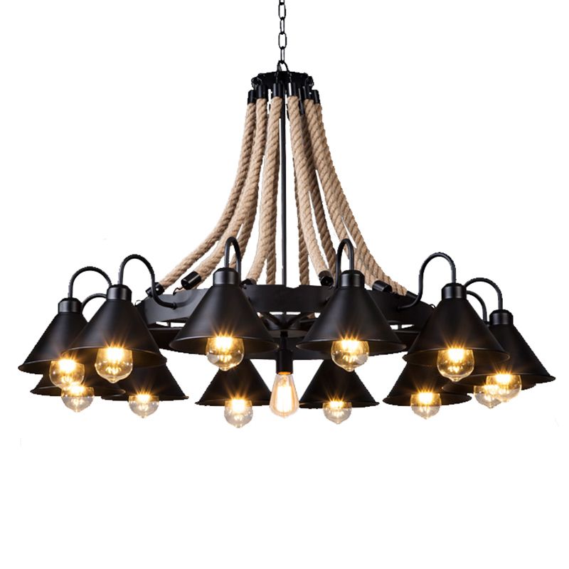 Black Conical Shade Chandelier Lighting Antique Style Iron Restaurant Pendant Light Fixture with Hemp Rope