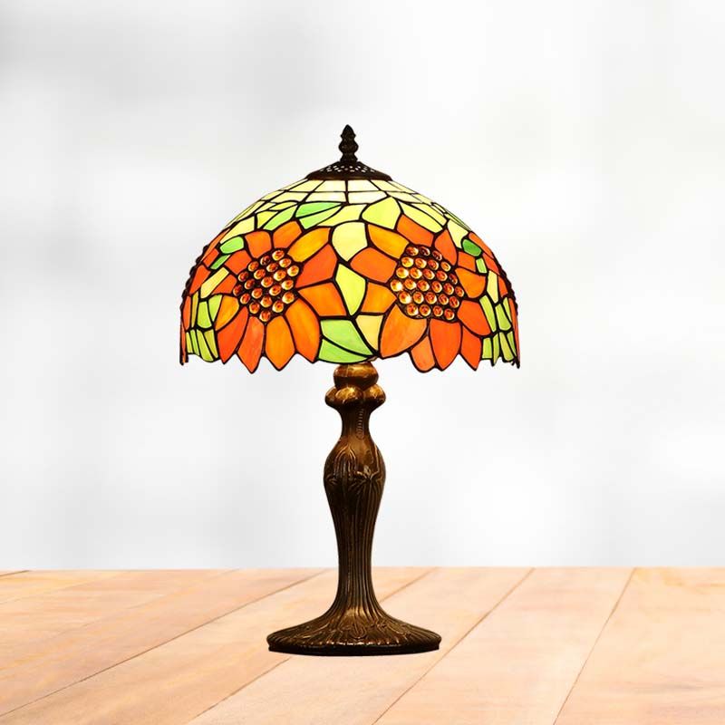 1-Light Sunflower Nightstand Light Tiffany Dark Brown Stained Art Glass Table Lamp