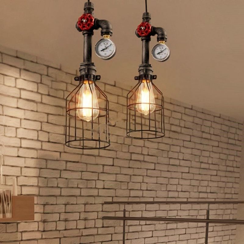 Metalen draad kooi hangend lichtarmatuur industrieel restaurant plafond hanglamp in zwart