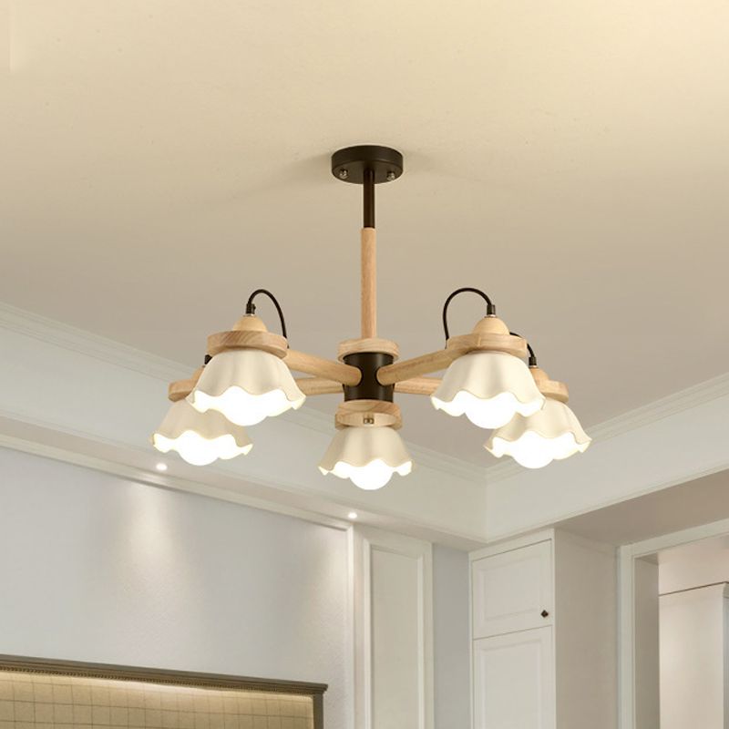 White Scalloped Shade Chandelier Multi-Light Nordic Wooden Drop Ceiling Light for Living Room