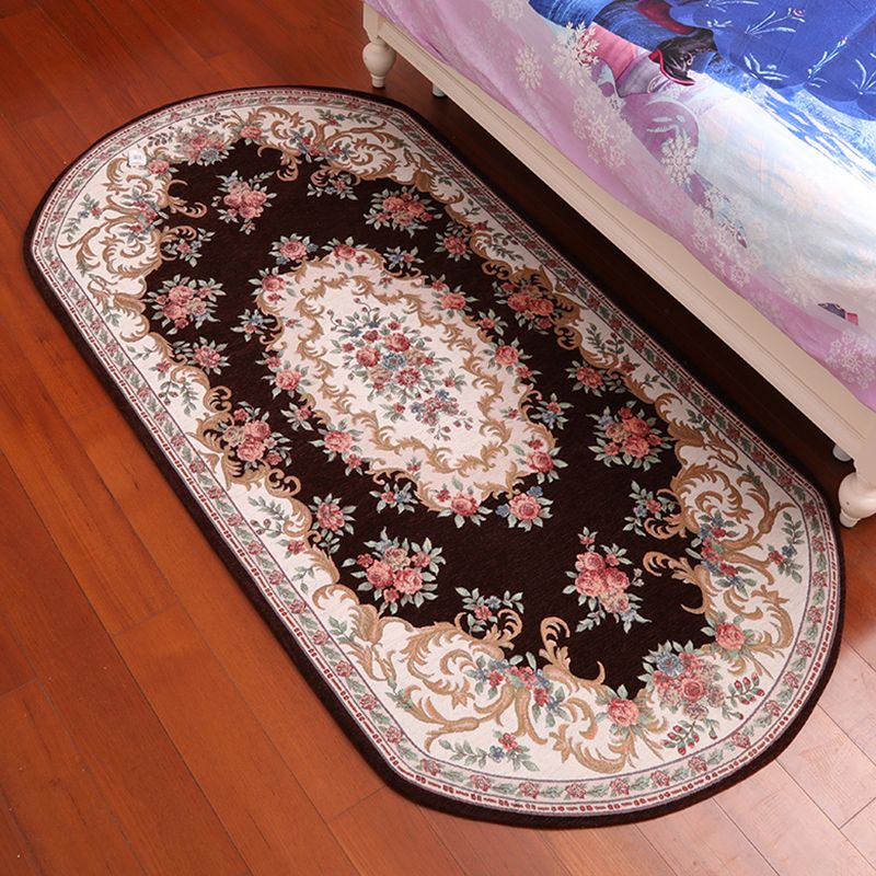 Retro Flower Pattern Rug Red and Black Polyester Indoor Rug Washable Non-Slip Backing Indoor Rug for Bedroom