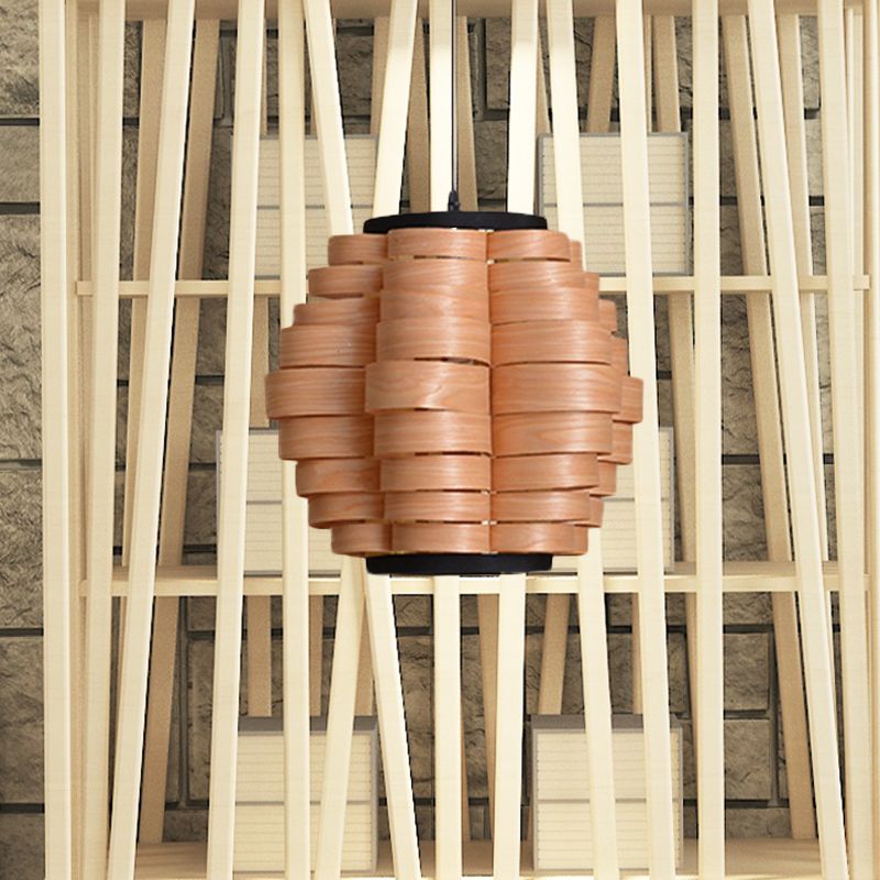 16"/19.5"/23.5" Wide Wood Barrel Shade Hanging Light Chinese Single Light Veneer Pendant Lamp for Dining Room