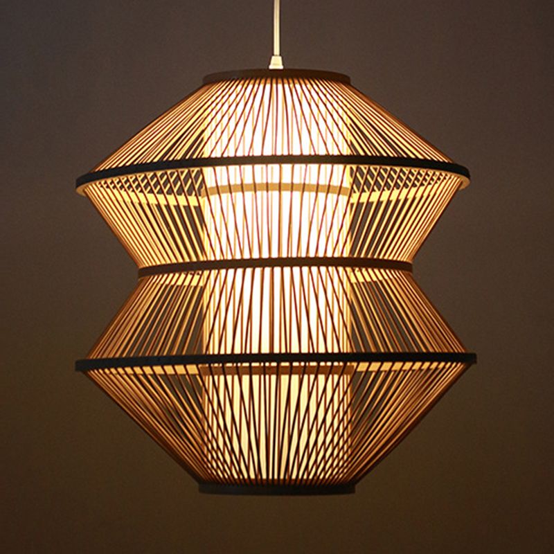 Open-Weave Ceiling Lamp Contemporary Bamboo 1 Light Indoor Hanging Light with Inner Cylinder Shade in Beige