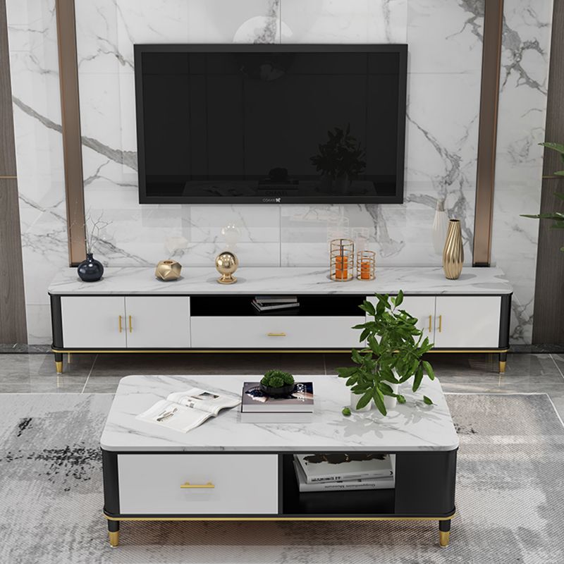 Glam Style Stone TV Stand Enclosed Storage TV Console with Cabinet