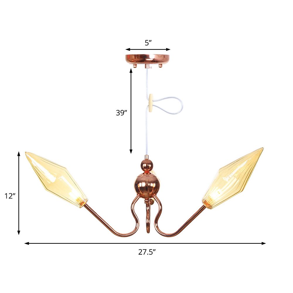 Metal and Glass Diamond Chandelier Industrial 3-Light Study Suspension Lamp in Amber/Clear