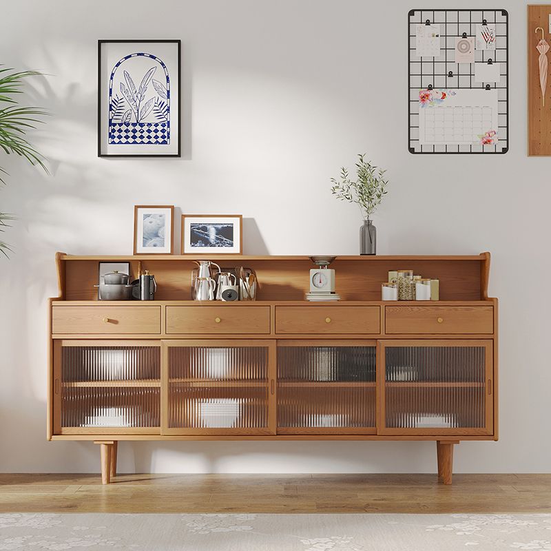 Brown Glass Doors Contemporary Sideboard Solid Wood Buffet Table for Living Room