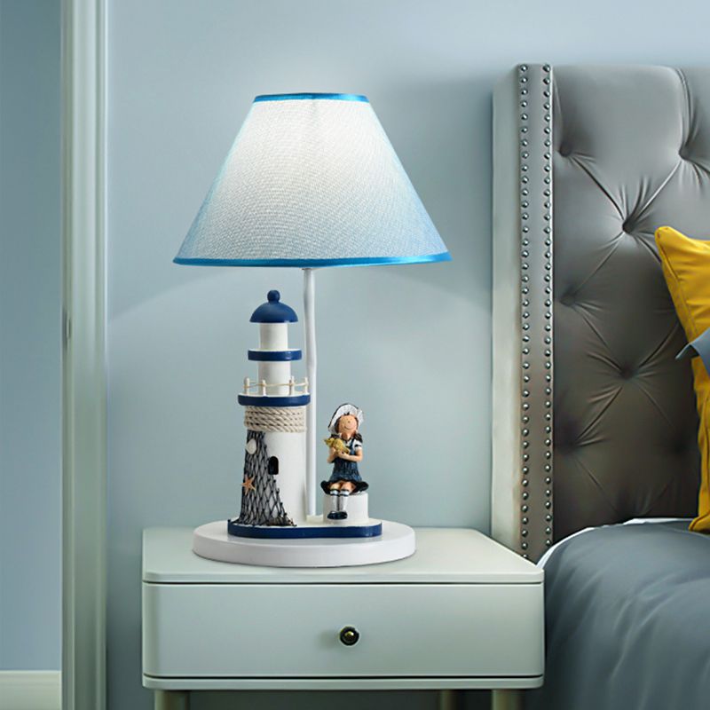 Conical Task Lighting Kids Style Fabric 1-Head Bedroom Table Light with Boy/Girl and Lighthouse Deco in Blue