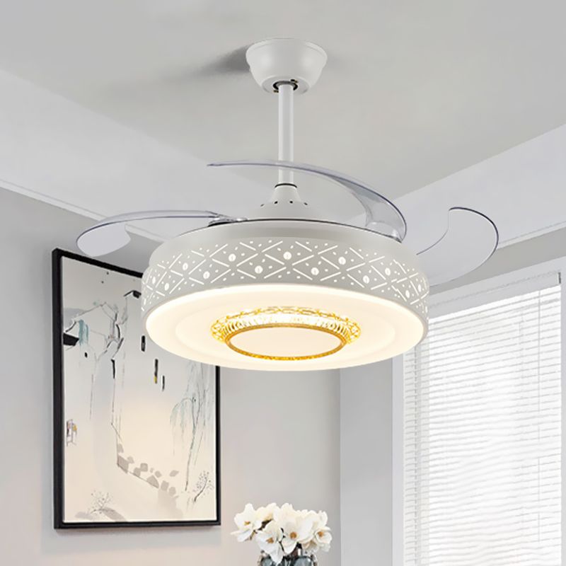 Drum Metal Ceiling Fan Light Modern 42" Width LED Bedroom 4 Blades Semi Flush Mount Lighting in White, Remote/Wall Control