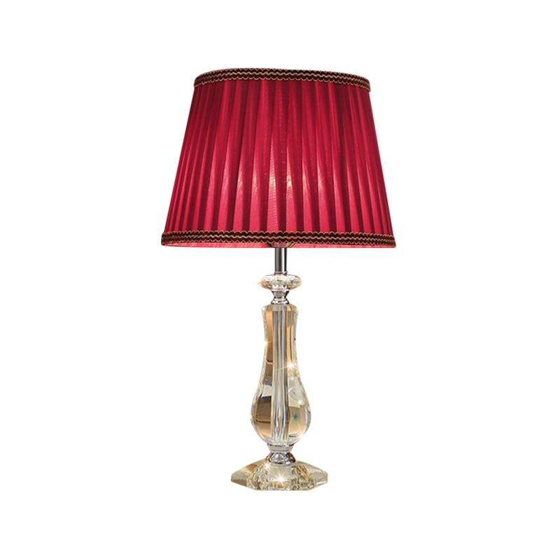 1 Head Flared/Pleated Shade Table Light Traditional Beige/Burgundy/Sky Blue Fabric Nightstand Lamp with Crystal Column