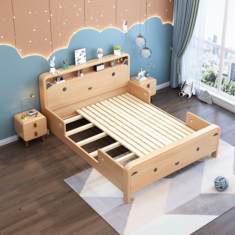 Solid Wood Platform Bed Natural Rubberwood Kids Bed with Headboard and Guardrail