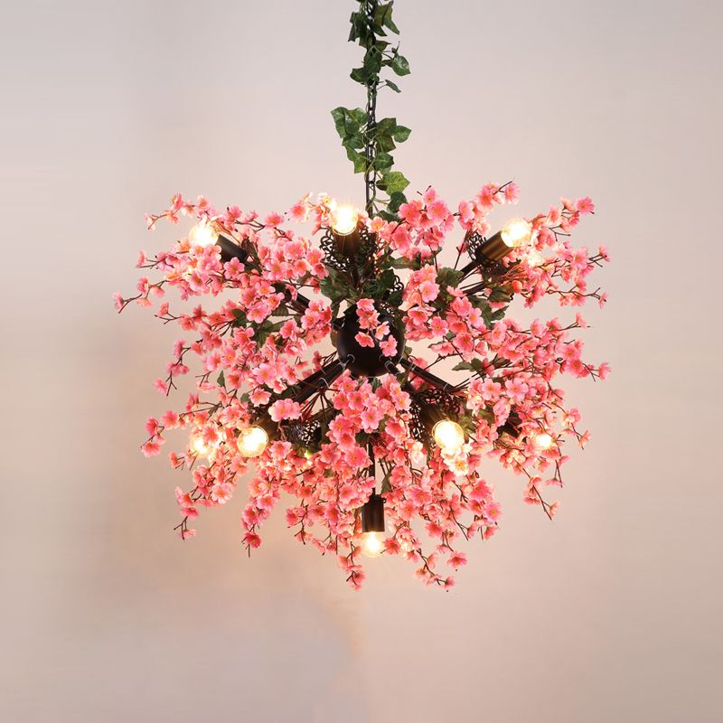 13 Heads Iron Ceiling Lighting Vintage Pink Starburst Restaurant Chandelier Light Fixture with Cherry Blossom Decor