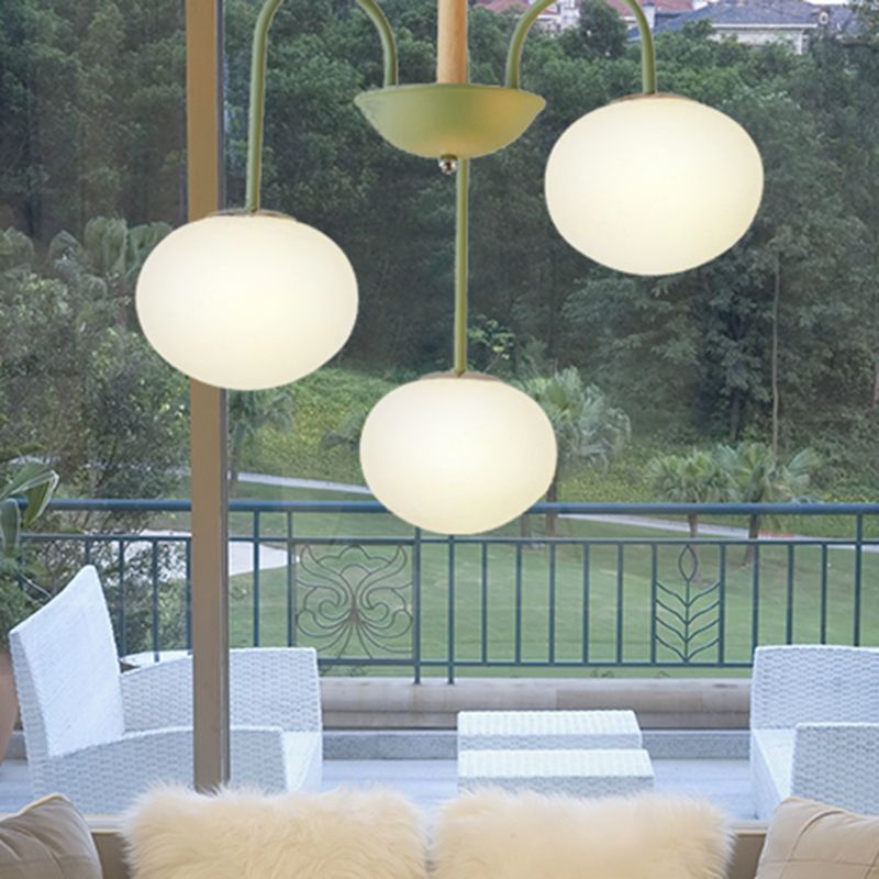 3/5 Lights Living Room Hanging Lamp with Pearl Glass Shade Nordic Gray/Green Semi Mount Lighting, Up/Down