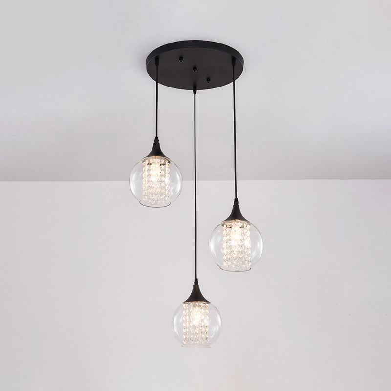 Simple Style Globe Multi Ceiling Light Clear Glass 3 Bulbs Dining Room Hanging Lamp in Black, Round/Linear Canopy