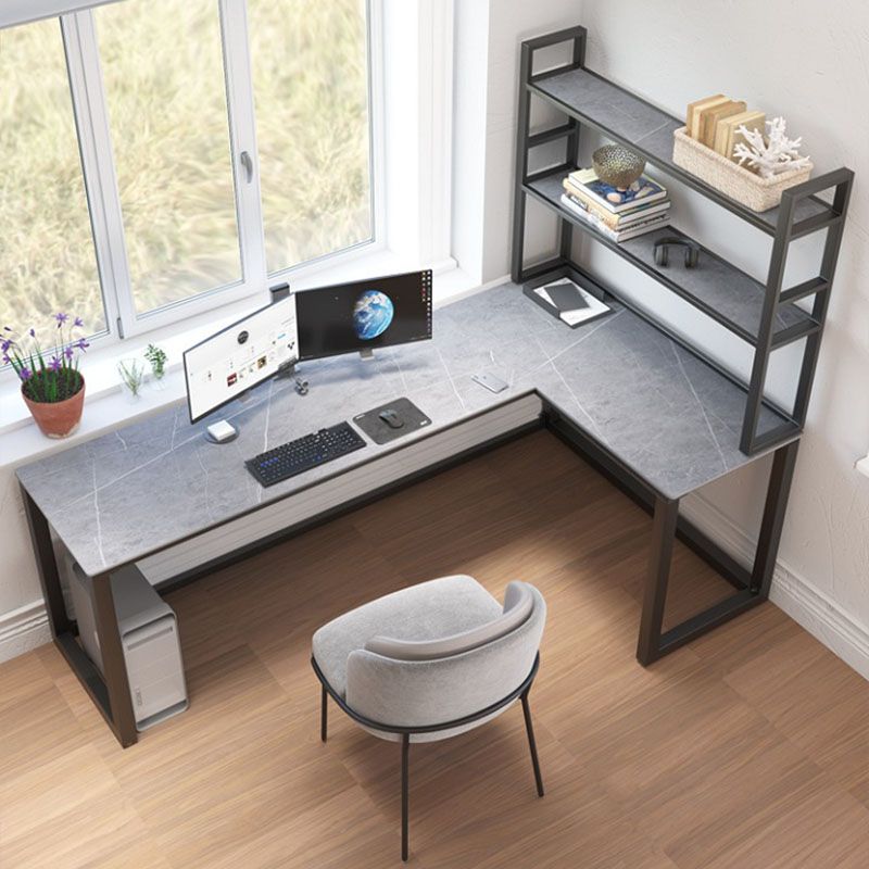 Contemporary Grey Stone Writing Desk Sled L-Shape Office Desk for Home