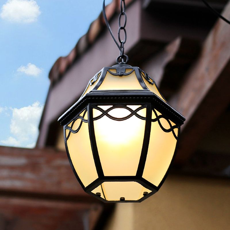 Black Birdcage Suspension Pendant Cottage White Glass 1-Bulb Courtyard Hanging Ceiling Light