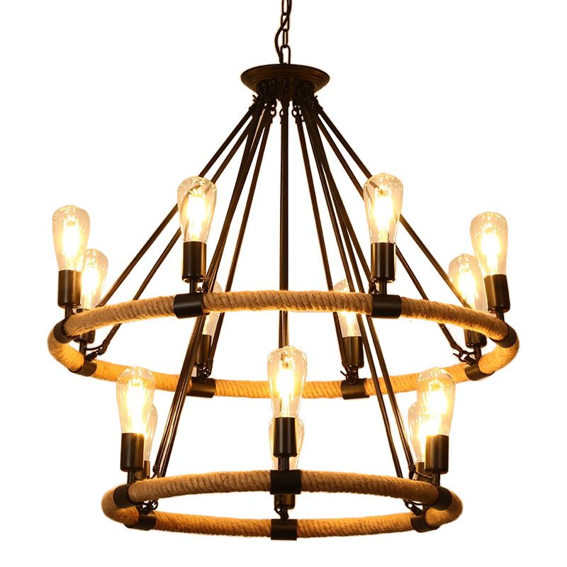 Chandelier Pendant Light Industrial Circular Rope Hanging Pendant Light in Black