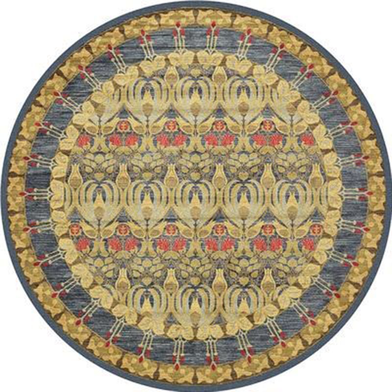 Round Retro Ethnic Print Carpet Light Color Polyester Rug Non-Slip Backing Carpet for Home Decor