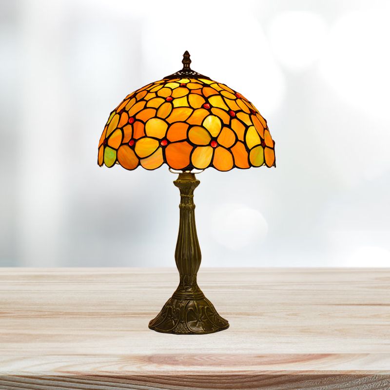 Single Living Room Table Lamp Baroque Bronze Night Light with Blossom Stained Glass Shade