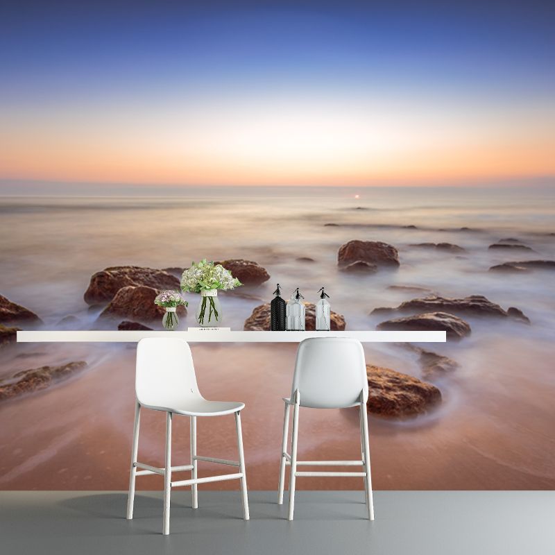 Large Modern Mural Blue Sunset Skyline with Beach Rocks Scenery Wall Covering, Custom Print