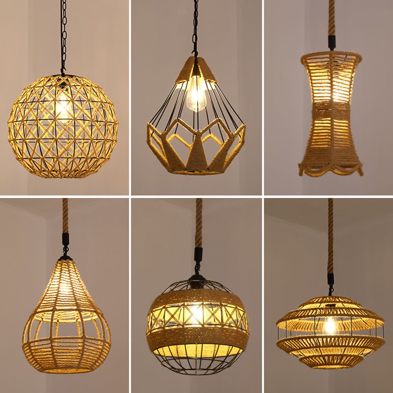 Antique Caged Pendant Light 1-Light Hemp Rope Lighting Pendant in Brown for Restaurant