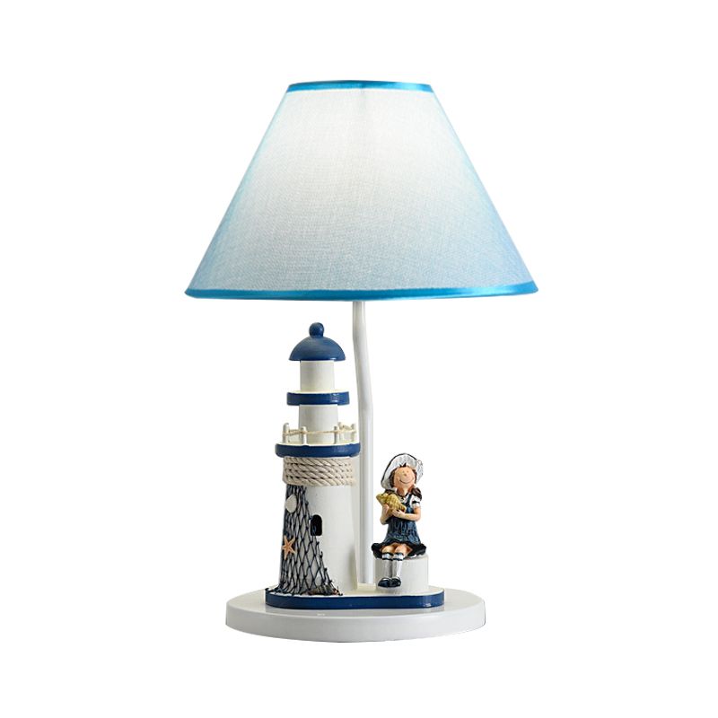 Boy/Girl and Lighthouse Table Light Cartoon Resin 1 Light White/Blue Night Stand Lamp with Tapered Shade