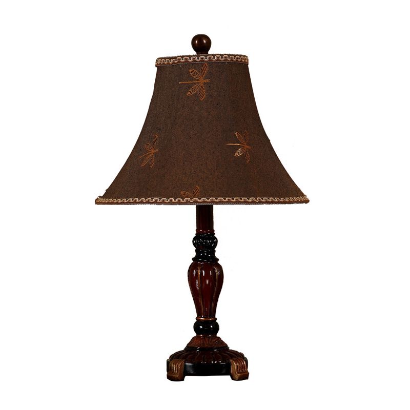 Red Brown 1-Bulb Desk Light Rural Style Fabric Bell Shade Table Lamp with Dragonfly Pattern