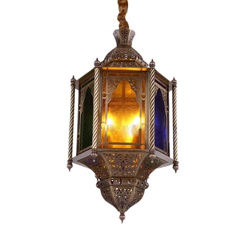 Stained Glass Brass Chandelier Lamp Lantern 3-Head Ceiling Pendant Light for Restaurant