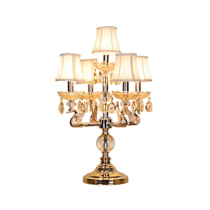 Classic Candelabra Night Table Lamp 5 Heads Clear Crystal Desk Light in Chrome with Fabric Shade