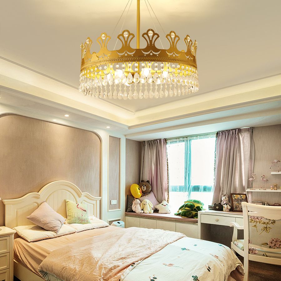 Crown Chandelier Lamp Simplicity Metal 3/4/6 Lights Bedroom Pendant Lighting in Brass with Crystal Drop, 12"/18"/23.5" W