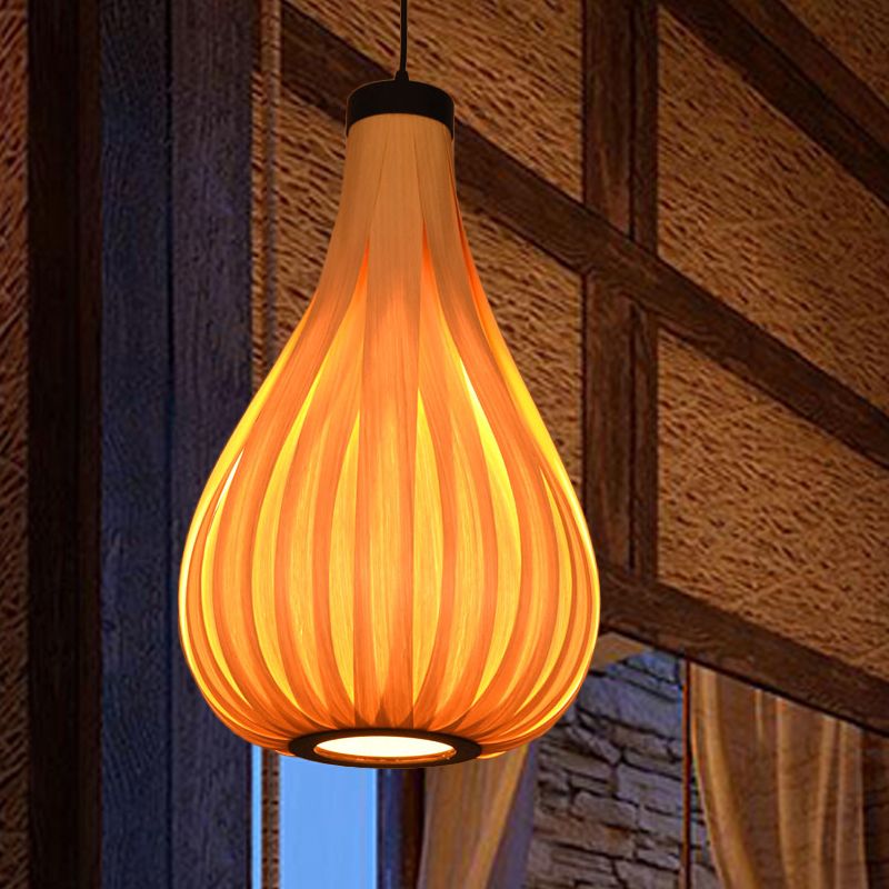 Gourd Wood Ceiling Light Asian 1 Bulb Beige Pendant Lighting Fixture for Restaurant