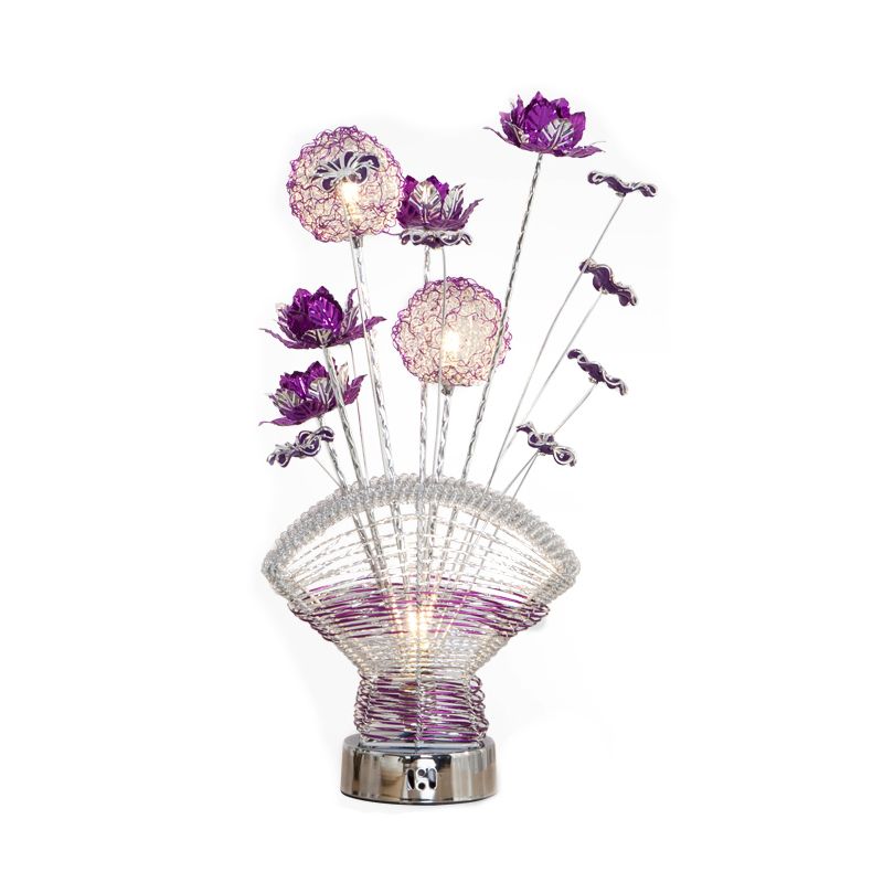 Fan-Shaped Aluminum Table Lighting Decorative LED Bedroom Desk Lamp with Rose and Dandelion Decor in Red/Purple